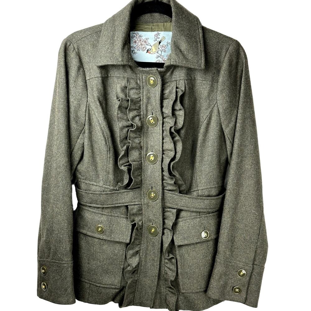 Anthropologie Tabitha Oxer Ruffle Military Wool Blend Olive Jacket Women Size 8